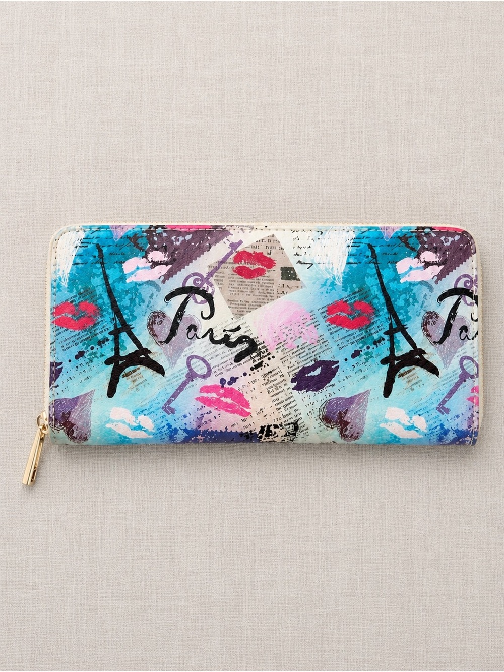 Paris Print Zip-Around Wallet - Blue & Pink
